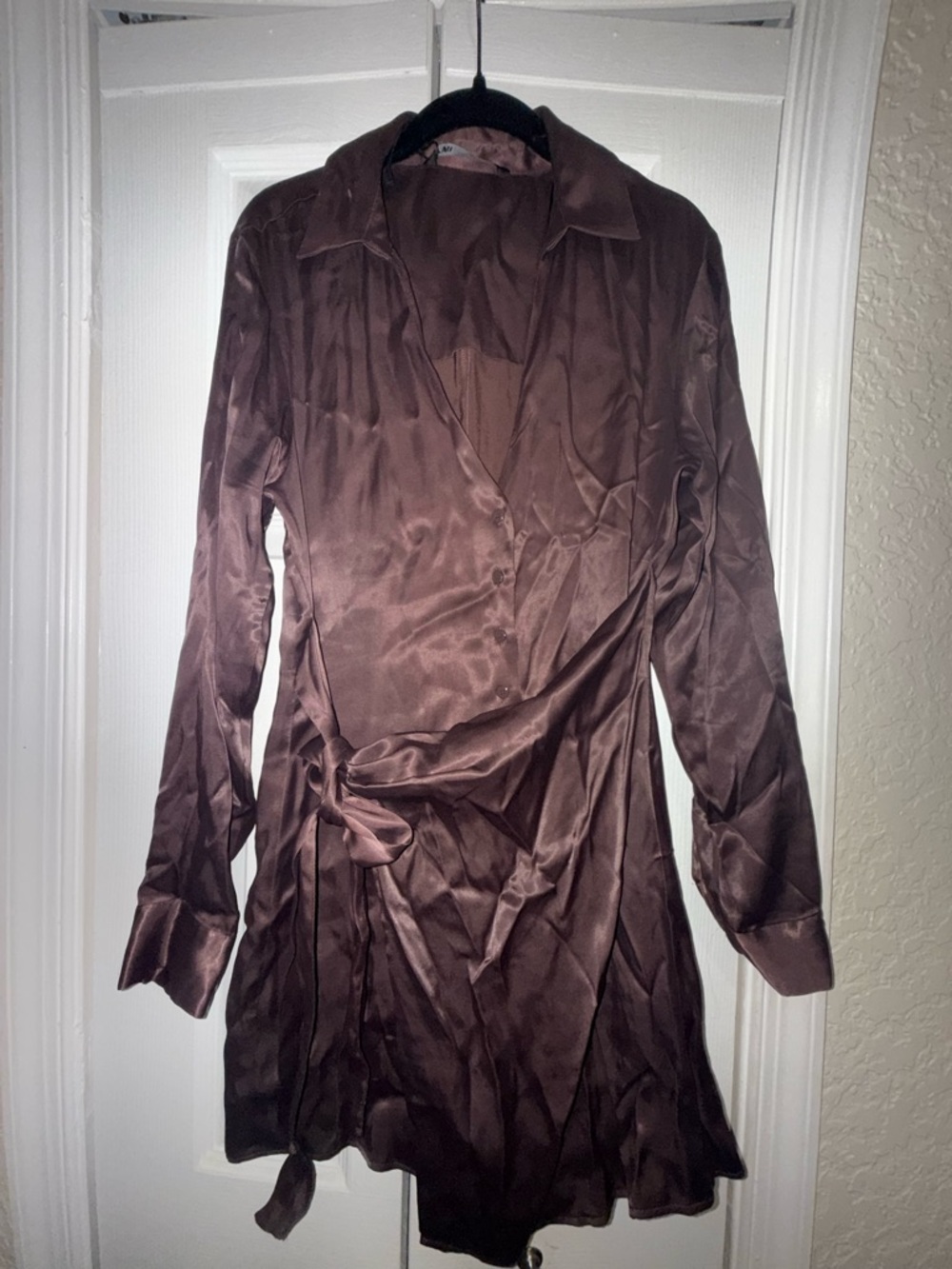 Zara Satin Brown Button-Front Wrap Top